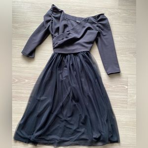 Navy Blue Off the Shoulder Tule Bottom Dress